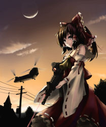 Rule 34 | 1girl, aircraft, assault rifle, bad id, bad pixiv id, boeing, boeing defense, space &amp; security, bow, call of duty, call of duty: modern warfare 2, ch-47 chinook, church, crescent moon, dress, female focus, gun, hair bow, hakurei reimu, helicopter, m4 carbine, moon, power lines, rifle, solo, tears, touhou, weapon, xiao qiang (overseas)