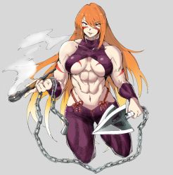 Rule 34 | 1girl, abs, breasts, chain, commentary request, cowboy shot, eyes visible through hair, fuuma kotarou (tenkaichi), grey background, hair between eyes, halterneck, highres, holding, holding smoking pipe, holding weapon, large breasts, long hair, looking at viewer, muscular, muscular female, navel, nexas, orange eyes, orange hair, simple background, smoking pipe, solo, tattoo, tenkaichi nihon saikyou bugeisha ketteisen, underboob, weapon
