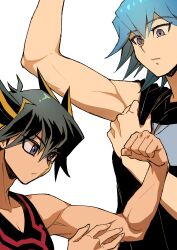 Rule 34 | absurdres, adjusting clothes, biceps, black hair, black shirt, black tank top, blue eyes, blue hair, bruno (yu-gi-oh!), comparison, expressionless, facial mark, facial tattoo, flexing, fudo yusei, grey eyes, hand on own arm, highres, looking down, looking to the side, marking on cheek, multicolored hair, parted lips, shirt, short hair, simple background, size comparison, spiked hair, standing, streaked hair, t-shirt, tank top, tattoo, toned, toned male, white background, youko-shima, yu-gi-oh!, yu-gi-oh! 5d&#039;s