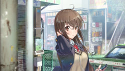 Rule 34 | 1girl, ahoge, arm up, black jacket, blazer, blurry, blurry background, blurry foreground, blush, brown eyes, brown hair, cable, car, cellphone, closed mouth, collared shirt, commentary request, day, depth of field, domo1220, earbuds, earphones, fingernails, hair between eyes, highres, holding, holding phone, jacket, long hair, looking at viewer, motor vehicle, necktie, open clothes, open jacket, outdoors, payphone, phone, railing, red necktie, reflection, school uniform, shirt, sign, solo, stairs, striped necktie, striped neckwear, sweater vest, taxi, translation request, very long hair, white shirt, wind