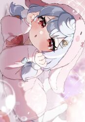 Rule 34 | 1girl, alternate costume, animal hood, blue bow, blue hair, blush, bow, bowtie, bubble, feet up, genshin impact, hair ornament, hands up, head rest, heart, heart hair ornament, highres, hood, jumpsuit, looking at viewer, low twintails, lying, medium hair, nanakusa yomogi, on stomach, onesie, open mouth, pink background, pink bow, pink jumpsuit, pom pom (clothes), pom pom hair ornament, rabbit hood, red bow, red bowtie, red eyes, sideways, sigewinne (genshin impact), sleeves past wrists, solo, sparkle, the pose, thighhighs, twintails, white thighhighs