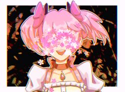 Rule 34 | 1girl, abstract background, arms at sides, black background, border, cherry blossoms, choker, chromatic aberration, close-up, collarbone, covered eyes, facing viewer, flat chest, floating hair, flower, flower over eyes, frills, hair ribbon, kaname madoka, lether, mahou shoujo madoka magica, mahou shoujo madoka magica (anime), open mouth, outline, pink flower, pink hair, pink ribbon, pink theme, puffy short sleeves, puffy sleeves, red choker, red ribbon, ribbon, ribbon choker, short sleeves, short twintails, simple background, smile, solo, soul gem, teeth, twintails, upper body, upper teeth only, white border, white flower, white outline