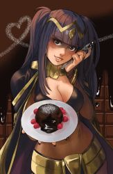 Rule 34 | 1girl, black hair, black nails, blunt bangs, breasts, cake, chocolate, chocolate cake, circlet, cleavage, dessert, fire emblem, food, fruit, holding, holding food, holding plate, holding spoon, incoming food, long hair, looking at viewer, nail polish, nintendo, plaemon, plate, raspberry, smile, solo, spoon, tharja (fire emblem), twintails