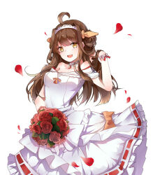 Rule 34 | 1girl, :d, adjusting hair, ahoge, alternate costume, blush, bouquet, breasts, brown hair, cleavage, collarbone, double bun, dress, flower, hair bun, hair rings, headband, hnanati, holding, jewelry, kantai collection, kongou (kancolle), long hair, looking at viewer, medium breasts, necklace, open mouth, petals, rose, simple background, smile, solo, wedding dress, white background, wristband, yellow eyes