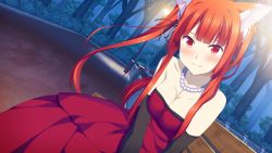 Rule 34 | 1girl, aika von koruto, animal ears, bare shoulders, bench, blush, breasts, cleavage, donuthouse, dress, elbow gloves, fox ears, game cg, gloves, jewelry, long hair, looking at viewer, mayachi (amuriya), necklace, park, pearl necklace, red eyes, red hair, sitting, smile, solo, tree, valkyrie runabout!