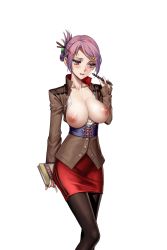 Rule 34 | 1girl, as109, black pantyhose, blush, book, breasts, brown eyes, character request, collarbone, female focus, hair ornament, hairclip, large breasts, long legs, looking away, m.a.d mafia is all dead, nipples, open clothes, open shirt, pantyhose, pen, purple hair, shirt, short hair, skirt, solo, teacher, transparent background, white background