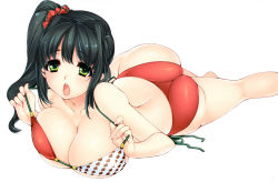 Rule 34 | 1girl, :o, absurdres, ass, bare legs, bare shoulders, barefoot, bikini, black hair, breasts, cleavage, collarbone, fingernails, green eyes, hair intakes, highres, huge breasts, long fingernails, long hair, looking at viewer, lying, on stomach, open mouth, original, red bikini, scan, scrunchie, side-tie bikini bottom, side ponytail, simple background, solo, strap pull, sumeragi kohaku, swimsuit, white background