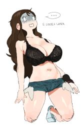 Rule 34 | ..., 1girl, absurdres, bare shoulders, black bra, blank eyes, bra, breasts, brown hair, cleavage, collarbone, commentary, creatures (company), denim, denim shorts, english commentary, exposed pocket, game freak, gloom (expression), highres, hilda (pokemon), kneeling, lace, lace bra, large breasts, long hair, navel, nintendo, open mouth, pokemon, pokemon bw, short shorts, shorts, simple background, skindentation, socks, solo, square mouth, underwear, white background, white socks, whoopsatro