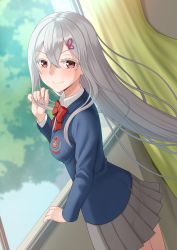 Rule 34 | 1girl, absurdres, alternate costume, bad id, bad pixiv id, blurry, blurry background, bow, bowtie, breasts, butterfly hair ornament, closed mouth, collared shirt, colored eyelashes, commentary, curtains, echidna (re:zero), floating hair, from side, grey hair, grey skirt, hair between eyes, hair ornament, hairclip, hand in own hair, hand up, highres, indoors, kurisu-kun, long hair, long sleeves, looking at viewer, medium breasts, miniskirt, open window, pleated skirt, re:zero kara hajimeru isekai seikatsu, red eyes, school uniform, shirt, skirt, smile, solo, very long hair, white shirt, window, wing collar