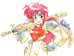 Rule 34 | 1990s (style), armor, blue eyes, blue gloves, breastplate, carrying over shoulder, cowboy shot, fingerless gloves, fish, gloves, headband, holding, holding sword, holding weapon, leotard, long hair, long pointy ears, mail (popful mail), money bag, non-web source, official art, open mouth, pauldrons, pointy ears, popful mail, red hair, retro artstyle, sack, sheath, sheathed, shoulder armor, simple background, sword, weapon, white background