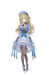 Rule 34 | 1girl, belt, blonde hair, blue bow, blue dress, blush, bonnet, bow, box, box of chocolates, candy, chocolate, chocolate heart, dress, food, frilled sleeves, frills, full body, grey legwear, hair bow, hair flaps, heart, highres, long hair, looking at viewer, official art, princess (princess principal), princess principal, princess principal game of mission, smile, solo, standing, striped clothes, striped dress, transparent background, very long hair, white dress, white footwear