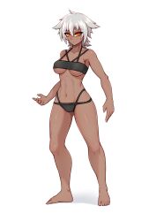 Rule 34 | 1girl, abs, absurdres, bare shoulders, barefoot, breasts, character request, collarbone, dark-skinned female, dark skin, deadslot4, feet, fingernails, grey hair, highres, looking at viewer, medium breasts, original, red eyes, shiny skin, short hair, solo, swimsuit, tan, toenails, tomboy, toned, white background