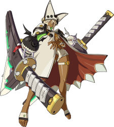 Rule 34 | 1girl, arc system works, barefoot, belt bra, blonde hair, breasts, cape, creature, dark-skinned female, dark skin, feet, full body, guilty gear, guilty gear xrd, hat, huge weapon, medium breasts, official art, ramlethal valentine, red eyes, sheath, sheathed, short shorts, shorts, simple background, solo, sword, textless version, thigh strap, toes, underboob, weapon, white background