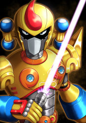 Rule 34 | 1boy, absurdres, bit (mega man), black eyes, energy sword, helmet, highres, holding, holding sword, holding weapon, lightsaber, looking at viewer, male focus, mega man (series), mega man x3, mega man x (series), mega man x dive, mixed-language commentary, robot, silverchariotx, solo, sword, upper body, weapon