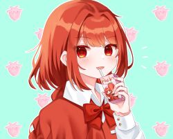 Rule 34 | 1girl, bow, bowtie, braid, capelet, drink, food, fruit, highres, juice box, long hair, milll 77, okazaki yumemi, red bow, red bowtie, red capelet, red eyes, red hair, red vest, solo, strawberry, touhou, touhou (pc-98), touhou lostword, vest