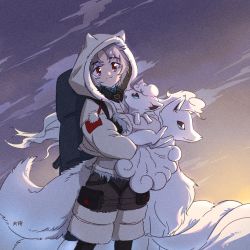 Rule 34 | 1boy, alolan form, alolan ninetales, alolan vulpix, arknights, black gloves, chinese commentary, closed mouth, commentary request, creatures (company), crossover, evolutionary line, film grain, fur trim, game freak, gen 7 pokemon, gloves, grey hair, holding, holding pokemon, hood, hood up, hooded jacket, jacket, long sleeves, looking at viewer, male focus, nintendo, outdoors, pokemon, pokemon (creature), qanipalaat (arknights), red eyes, robinlovesop, short hair, sky, smile, standing, twilight, white jacket
