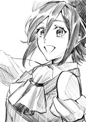 1girl, absurdres, ascot, beret, greyscale, hair behind ear, hair between eyes, hat, highres, kaname madoka, looking at viewer, macross, macross delta, monochrome, mosako, open mouth, short hair, sketch, smile, solo, upper body, white background