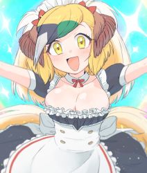 Rule 34 | alternate costume, apron, arms up, bird girl, bird tail, bird wings, black dress, blonde hair, blush, bow, bowtie, brown hair, commentary request, cowboy shot, detached collar, dress, enmaided, frilled apron, frilled dress, frills, gedougawa, greater bird-of-paradise (kemono friends), green hair, grey hair, hair bow, head wings, highres, kemono friends, maid, official alternate costume, open mouth, puffy short sleeves, puffy sleeves, red bow, red bowtie, short hair, short sleeves, smile, solo, sparkle, tail, white apron, white hair, wings, yellow eyes