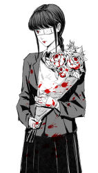 Rule 34 | 1girl, absurdres, blood, blood on clothes, blood on hands, bouquet, bug, butterfly, closed mouth, cursive, english text, eyeball, eyepatch, fingernails, flower, formal, greyscale, guro, highres, holding, holding bouquet, insect, leaf, long hair, long skirt, monochrome, necktie, original, purple z, red eyes, red lips, rose, simple background, skirt, sleeves past wrists, solo, spot color, suit, white background