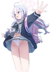 Rule 34 | 1girl, absurdres, ahoge, backpack, bag, black neckerchief, blue archive, blue hair, commentary request, cowboy shot, grey skirt, hair ornament, halo, higashigure, highres, long hair, long sleeves, looking ahead, midriff peek, miniskirt, multicolored clothes, multicolored hair, multicolored panties, navel, neckerchief, open mouth, outstretched arms, panties, pantyshot, pink hair, reisa (blue archive), school uniform, simple background, skirt, smile, solo, spread arms, star (symbol), star hair ornament, star halo, striped clothes, striped panties, two-tone hair, underwear, v-shaped eyebrows, white background