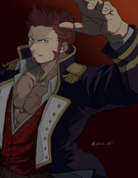 Rule 34 | 1boy, bara, belt, blue eyes, cross scar, epaulettes, facial hair, fate/grand order, fate (series), fringe trim, goatee, highres, jacket, large pectorals, leather, leather jacket, long sideburns, long sleeves, looking at viewer, male focus, mature male, muscular, muscular male, napoleon bonaparte (fate), open clothes, open jacket, partially unbuttoned, pectoral cleavage, pectorals, scar, scar on chest, short hair, sideburns, smile, solo, user etpd3753