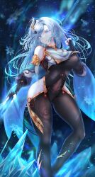 Rule 34 | 1girl, absurdres, aurora, black bodysuit, black gloves, blue eyes, blue hair, blue theme, blush, bodysuit, braid, breasts, clothing cutout, covered navel, elbow gloves, gem, genshin impact, gloves, gold trim, hair between eyes, hair ornament, hair over one eye, highres, hip vent, holding, holding polearm, holding weapon, ice, large breasts, long hair, long sleeves, looking at viewer, low-braided long hair, low-tied long hair, open mouth, partially fingerless gloves, penguintake, polearm, puffy long sleeves, puffy sleeves, red gemstone, shenhe (genshin impact), shirt, shoulder cutout, snowflakes, solo, spear, tabard, tassel, thighs, very long hair, weapon, white hair