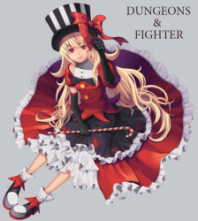Rule 34 | 00s, 1girl, black gloves, blonde hair, candy, candy cane, dress, dungeon and fighter, gloves, hat, hat ribbon, heart, long hair, mage (dungeon and fighter), omil, red ribbon, ribbon, saddle shoes, shoes, signature, top hat