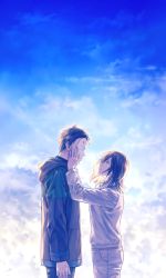 Rule 34 | 1boy, 1girl, black hair, blue sky, brown eyes, brown hair, cloud, hand on another&#039;s cheek, hand on another&#039;s face, hole, hood, hoodie, id :invaded, inami nahoshi, kagami ei, kazuta haruka, looking at another, mask, sky, standing