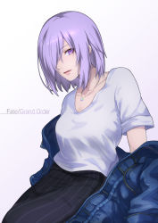 Rule 34 | 1girl, alternate costume, black skirt, collarbone, copyright name, fate/grand order, fate (series), gradient background, hair over shoulder, highres, jewelry, mash kyrielight, medium hair, necklace, open mouth, pink lips, purple eyes, purple hair, re (re 09), shirt, short sleeves, skirt, solo, striped clothes, striped skirt, vertical-striped clothes, vertical-striped skirt, white shirt
