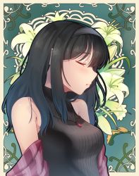 Rule 34 | 1girl, bare shoulders, black hair, black sweater, blush, breasts, closed eyes, facing away, from side, hairband, idolmaster, idolmaster cinderella girls, jewelry, kamille (vcx68), long hair, medium breasts, necklace, parted lips, ribbed sweater, sagisawa fumika, solo, sweater, upper body