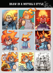 Rule 34 | 2girls, animal ears, black horns, clenched hand, clenched hands, colored skin, cropped torso, dated, english text, fiery hair, firebay (style), gaokoda san (style), greyscale, hair between eyes, hair ornament, hairclip, hand up, hernyed (style), highres, horns, looking at viewer, magistelle (style), mangoso (style), mera (za1f0n), mimicmango (style), monochrome, multiple girls, multiple style parody, multiple views, needmorekimchi (style), niking (style), open mouth, orange eyes, orange hair, original, parody, parted lips, portrait, red skin, signature, smile, solo focus, sorasamurai (style), style parody, white hair, za1f0n