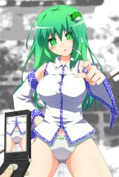 Rule 34 | 1girl, blush, breasts, cellphone, chikyuujin a, female focus, green eyes, green hair, hair ornament, kochiya sanae, large breasts, long hair, matching hair/eyes, no pants, open mouth, outdoors, panties, phone, pointing, solo, standing, touhou, underwear