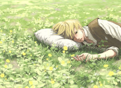 Rule 34 | 1boy, bad id, bad pixiv id, blonde hair, blue eyes, field, flower, lying, male focus, original, pillow, short hair, solo, tamakaya