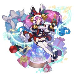 Rule 34 | 1girl, box, castle, cleo (dragalia lost), clothing cutout, cygames, dagger, dragalia lost, full body, gift, gift box, gradient hair, hood, knife, long hair, looking at viewer, multicolored hair, nintendo, non-web source, official art, pink hair, purple eyes, purple hair, ribbon, saitou naoki, santa costume, snow globe, solo, stomach cutout, thighhighs, transparent background, twintails, weapon