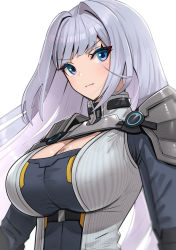 Rule 34 | 1girl, blue eyes, breast tattoo, breasts, cleavage, closed mouth, ethel (xenoblade), gonzarez, highres, large breasts, long hair, silver hair, simple background, solo, tattoo, very long hair, white background, xenoblade chronicles (series), xenoblade chronicles 3