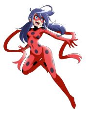 Rule 34 | 1girl, blue eyes, blue hair, bodysuit, breasts, domino mask, full body, highres, impossible bodysuit, impossible clothes, jumping, ladybug (character), low twintails, lucyfer, marinette dupain-cheng, mask, medium breasts, miraculous ladybug, polka dot, red bodysuit, shiny clothes, smile, solo, twintails