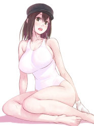 Rule 34 | 10s, 1girl, akitsu maru (kancolle), bare legs, bare shoulders, barefoot, black hat, breasts, brown eyes, brown hair, collarbone, commentary request, gloves, hat, kantai collection, large breasts, military hat, one-piece swimsuit, peaked cap, school swimsuit, short hair, simple background, sitting, solo, swimsuit, white background, white gloves, white one-piece swimsuit, white school swimsuit, yokozuwari, yuuji (and)