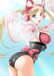 Rule 34 | 1girl, animal ear headphones, animal ears, animal hands, ass, blonde hair, blue eyes, breasts, cat ear headphones, fake animal ears, gloves, headphones, large breasts, long hair, looking at viewer, lucky chloe, namco, open mouth, paw gloves, revision, smile, solo, sunlight, tekken, tekken 7, thighs, twintails, yosaku09161