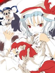 Rule 34 | 1girl, creature, dress, evil smile, female focus, finger to mouth, hat, looking at viewer, mo, mob cap, red eyes, remilia scarlet, shaded face, shunsei (muratou), silver hair, smile, solo, tears, touhou, white dress