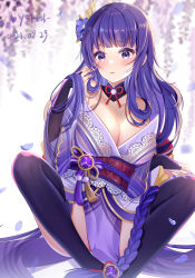 Rule 34 | 1girl, black legwear, blush, braid, breasts, bridal gauntlets, chinese commentary, cleavage, coattails, commentary request, dated, falling petals, flower, genshin impact, hair ornament, highres, japanese clothes, kimono, lace trim, large breasts, long hair, looking at viewer, miaogujun, mole, mole under eye, nail polish, obi, obiage, obijime, open mouth, petals, purple eyes, purple flower, purple hair, purple nails, raiden shogun, ribbon, sash, simple background, sitting, solo, tassel, wide sleeves
