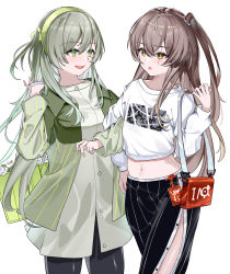 Rule 34 | 1girl, absurdres, bag, bag behind back, black leggings, black skirt, blush, breasts, brown eyes, brown hair, casual, chinese commentary, feet out of frame, flower, girls&#039; frontline, green bag, green eyes, green hairband, grey hair, hairband, highres, id card, jacket, leggings, long hair, long skirt, long sleeves, looking at another, medium breasts, multicolored clothes, multicolored jacket, navel, official alternate costume, one smoke, open mouth, orange bag, print shirt, scar, scar across eye, shirt, shoulder bag, side ponytail, skirt, small breasts, smile, solo, standing, teeth, two-tone jacket, ump40 (girls&#039; frontline), ump40 (moon river) (girls&#039; frontline), ump45 (corona sunset) (girls&#039; frontline), ump45 (girls&#039; frontline), upper teeth only, white background, white shirt