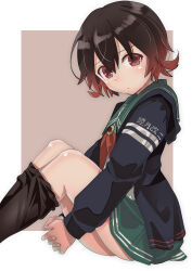 Rule 34 | 1girl, absurdres, black jacket, black pantyhose, brown hair, character name, clothes pull, crescent, crescent pin, feet out of frame, gradient hair, green sailor collar, green skirt, haida katsuretsu, highres, jacket, kantai collection, multicolored hair, mutsuki (kancolle), mutsuki kai ni (kancolle), neckerchief, own hands clasped, own hands together, pantyhose, pantyhose pull, red hair, red neckerchief, sailor collar, school uniform, serafuku, short hair, skirt, solo