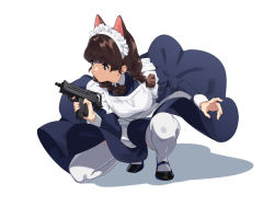 Rule 34 | 1girl, animal ear fluff, animal ears, apron, black dress, black footwear, braid, brown eyes, brown hair, closed mouth, commentary request, dress, frilled apron, frills, full body, gun, holding, holding gun, holding weapon, juliet sleeves, kamo kamen, long sleeves, looking away, mac-10/11, maid, maid apron, maid headdress, original, puffy sleeves, shadow, shoes, solo, squatting, submachine gun, thighhighs, twin braids, weapon, white apron, white background, white thighhighs