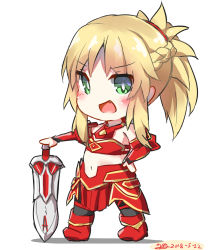 Rule 34 | 1girl, :d, armor, bad id, bad pixiv id, bare shoulders, black thighhighs, blonde hair, blush, boots, braid, breastplate, chibi, clarent (fate), dated, dreamusun, fang, fate/apocrypha, fate/grand order, fate (series), green eyes, hand on hilt, hand on own hip, long hair, mordred (fate), mordred (fate/apocrypha), navel, open mouth, ponytail, red armor, red footwear, sidelocks, signature, smile, solo, standing, sword, thighhighs, weapon, white background