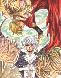 Rule 34 | 2boys, albino, bad id, bad pixiv id, blonde hair, cape, flower, gloves, jomy marquis shin, looking down, looking up, male focus, multiple boys, nature, outdoors, plant, red eyes, silver hair, sky, soldier blue, toward the terra, traditional media, upper body
