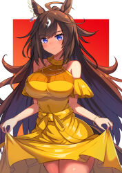 Rule 34 | 1girl, ahoge, alternate costume, animal ears, bare shoulders, border, bracelet, breasts, closed mouth, clothes lift, commentary request, cowboy shot, dress, dress lift, duramente (umamusume), earrings, hair between eyes, highres, horse ears, horse girl, horse tail, jewelry, large breasts, lifting own clothes, long hair, multicolored hair, purple eyes, red background, simple background, single earring, solo, streaked hair, tail, umamusume, very long hair, white border, yellow dress, yuutopia