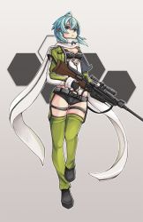 Rule 34 | 10s, 1girl, ahoge, anti-materiel rifle, blue hair, bolt action, breasts, cleavage, pgm hecate ii, scarf, short hair, simple background, sinon, solo, sword art online, thighs, weapon, xipel