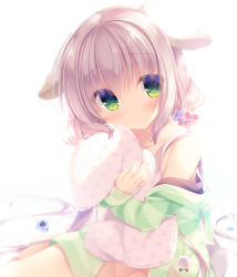 Rule 34 | 1girl, animal ears, bare shoulders, blue flower, blue scrunchie, brown hair, closed mouth, commentary request, dog ears, flower, green eyes, hair between eyes, hair bobbles, hair ornament, hair scrunchie, hugging object, jacket, long hair, long sleeves, looking at viewer, low twintails, off shoulder, open clothes, open jacket, original, pillow, pillow hug, polka dot, polka dot scrunchie, scrunchie, simple background, sitting, sleeves past wrists, solo, striped clothes, striped jacket, twintails, very long hair, white background, yukie (peach candy)