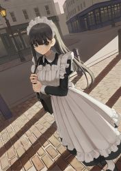 Rule 34 | 1girl, absurdres, apron, bag, black dress, black footwear, black hair, brown eyes, building, closed mouth, collared dress, commentary request, day, dress, frilled apron, frills, highres, holding strap, juliet sleeves, lamppost, long hair, long sleeves, looking at viewer, maid, maid apron, maid headdress, original, outdoors, pantyhose, puffy sleeves, shii (kairi-t-k0317), shoes, shoulder bag, smile, solo, standing, very long hair, white apron, white pantyhose, window