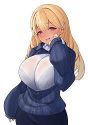 Rule 34 | 1girl, ajidot, blonde hair, blue bow, blue bowtie, blue cardigan, blush, bow, bowtie, breasts, button gap, cardigan, cleavage, closed mouth, collared shirt, goddess of victory: nikke, hair intakes, hair ornament, highres, huge breasts, jewelry, lips, long hair, looking at viewer, mole, mole under eye, puffy sleeves, red eyes, shirt, sleeves past wrists, smile, solo, tia (nikke), white background, white shirt